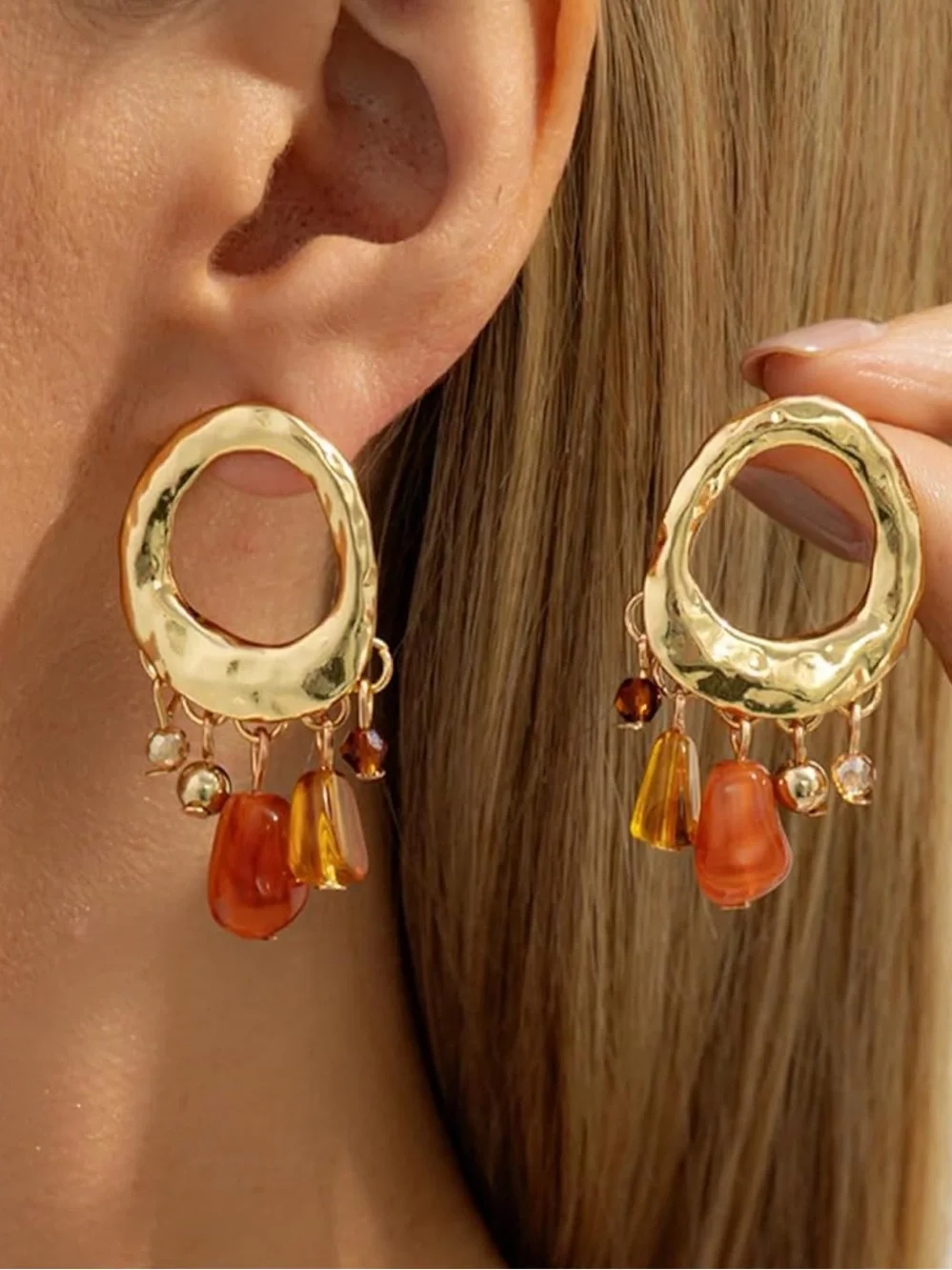 Anthropologie Gold Hoop Earrings with Amber & Orange Beads